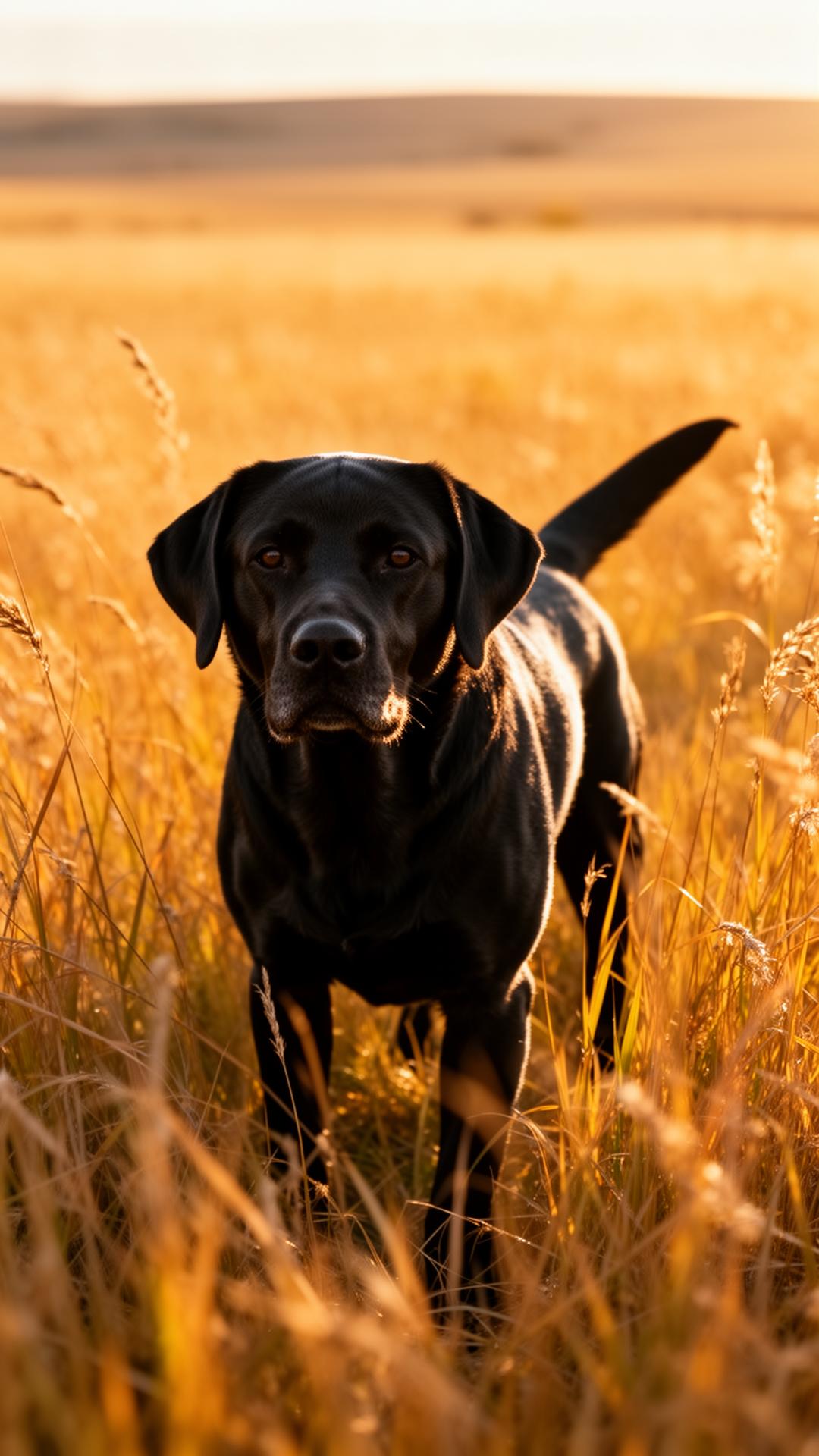 Black labrador bird dog in tall prairie grass