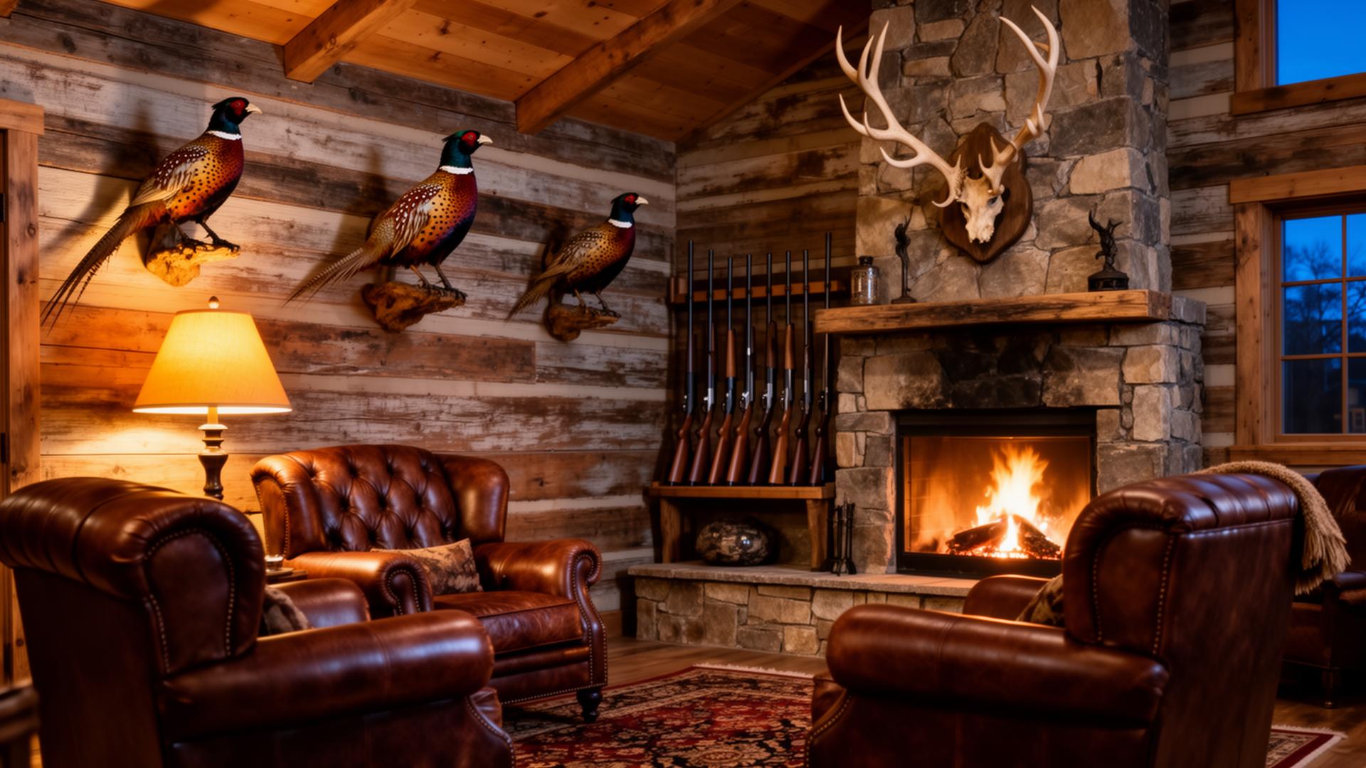 Hunting lodge interior with fireplace